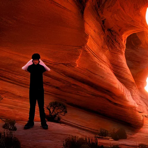 Image similar to award winning cinematic still of teenager boy praying in zion national park, rock formations, colorful sunset, epic, cinematic lighting, dramatic angle, heartwarming drama directed by Steven Spielberg, highly detailed concept art, wallpaper