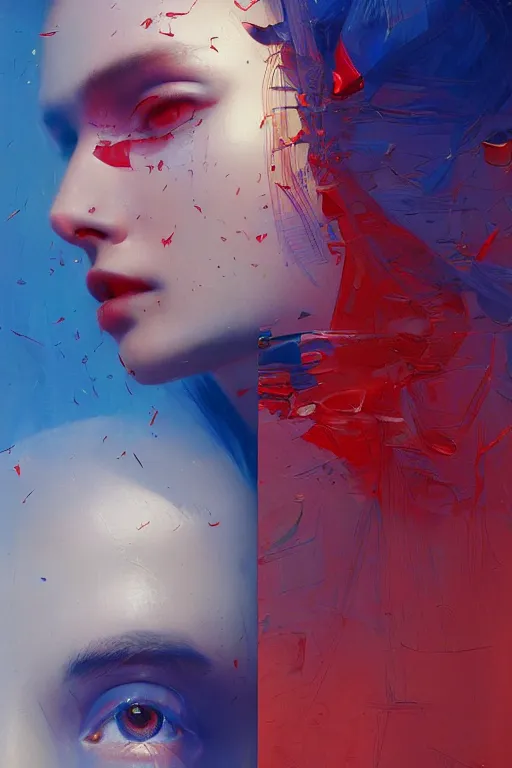 Prompt: 3 d, sci - fi, sun rays, sleepy fashion model face, cinematic, blue faces, vogue cover style, light red and deep blue mood, realistic painting, intricate oil painting, high detail, figurative art, multiple exposure, poster art, 3 d, by tooth wu and wlop and beeple and greg rutkowski