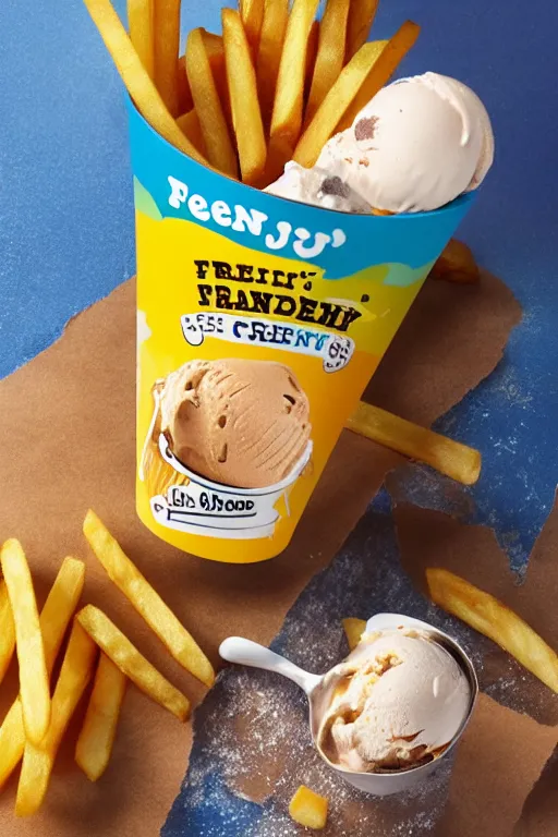 Prompt: french fries flavoured ben and jerry's ice cream, product photo, professional