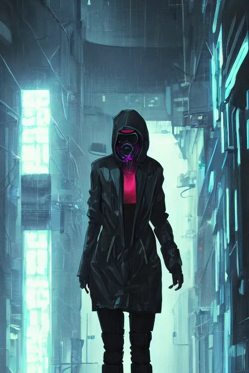 Prompt: a woman in a raincoat standing in a dark alley, cyberpunk art by vincent lefevre, featured on cgsociety, afrofuturism, darksynth, 2 d game art, behance hd