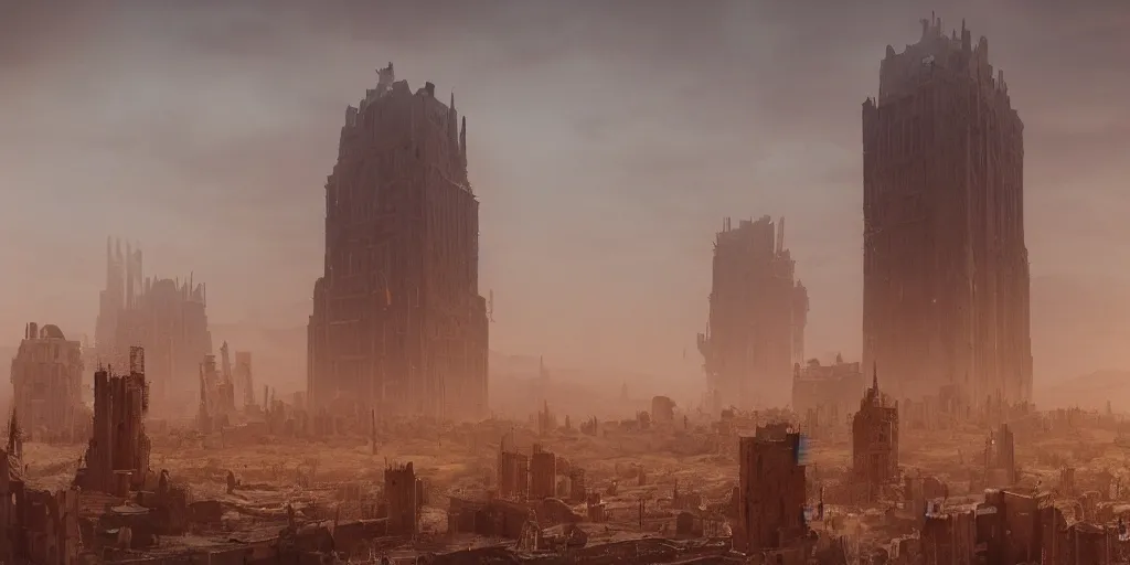 Prompt: tower!!!!!!!!, towers!!!!!!!!, derelict, tall, ancient, atmospheric, beautiful, concept art, desert, civilisation, artstation, hazy, matte painting, highly detailed, volumetric lighting, rays, moody, golden hour, dawn, octane render, digital art, global illumination, city, burning