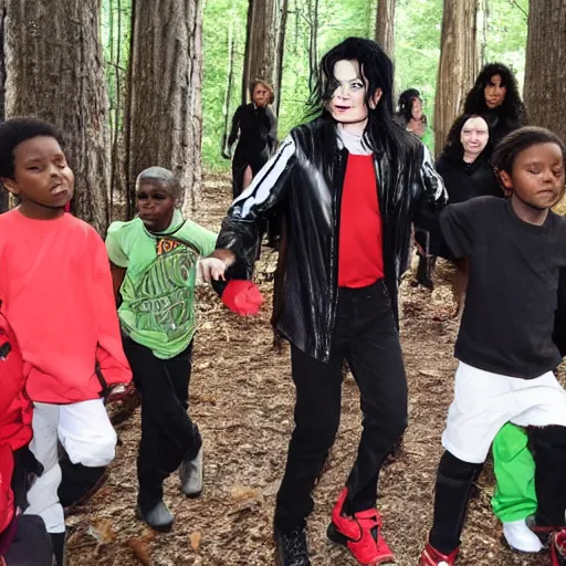 Prompt: Michael Jackson thrills a group of missing kids in the woods