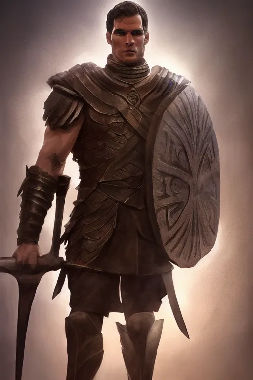 Image similar to spartan hoplite hero in the looks of Henry Cavill, portrait, fierce, intricate, elegant, volumetric lighting, digital painting, highly detailed, artstation, sharp focus, illustration, concept art by Glenn Rane and Samwise Didier