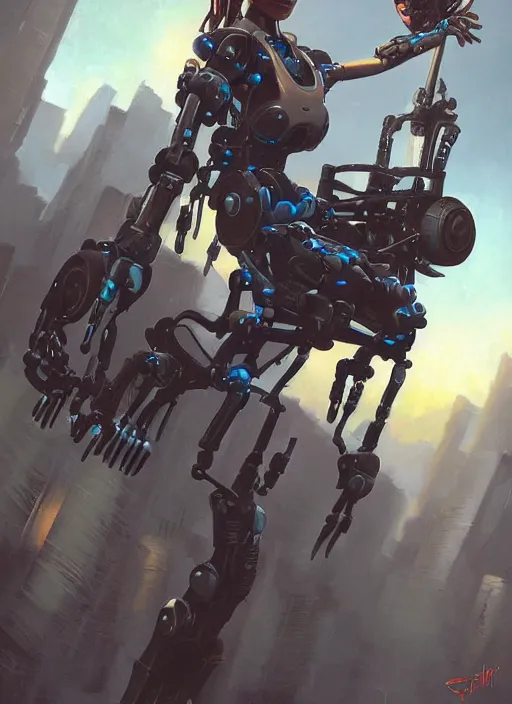 Image similar to An epic fantastic realism graphic novel cover style painting of a beautiful girl riding on the shoulders of a robot with four arms, robotics, short pigtails hair, cyberpunk, Concept world Art, ultrarealistic, hyperrealistic, dynamic lighting by Paolo Eleuteri Serpieri