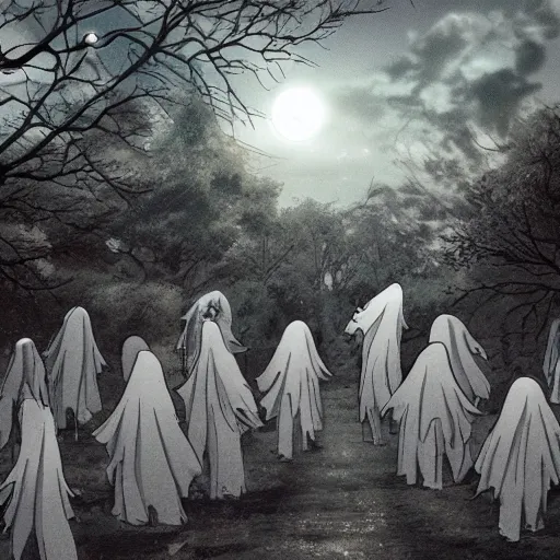 Image similar to anime hd, anime, 2 0 1 9 anime, ghost children, children born as ghosts, dancing ghosts, london cemetery, albion, london architecture, buildings, gloomy lighting, moon in the sky, gravestones, creepy smiles