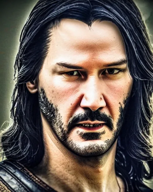 Image similar to Keanu Reevez in the role of Witcher III Gerald of Rivia, amazing short, ultra detailed