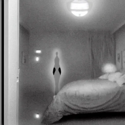 Image similar to night vision surveillance camera footage of alien in bedroom at night