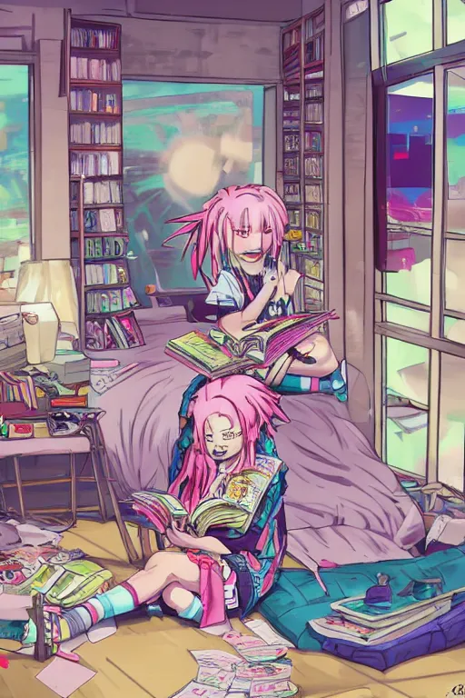 Image similar to concept art painting of a chibi anime cybergoth girl with pink dreads on the floor reading a book in a cluttered 9 0 s bedroom, chibi anime, artgerm, inio asano, toon shading, cel shading, calm, tranquil, vaporwave colors,