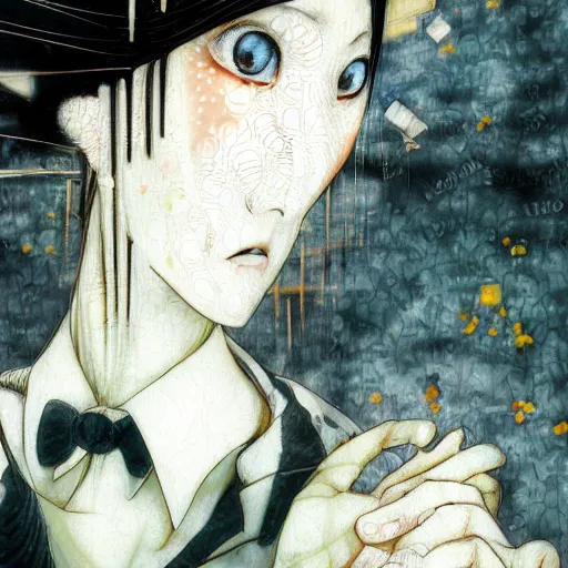 Image similar to yoshitaka amano blurred and dreamy realistic illustration of a woman with black eyes and white hair wearing dress suit with tie, junji ito abstract patterns in the background, satoshi kon anime, noisy film grain effect, highly detailed, renaissance oil painting, weird portrait angle, blurred lost edges, three quarter view