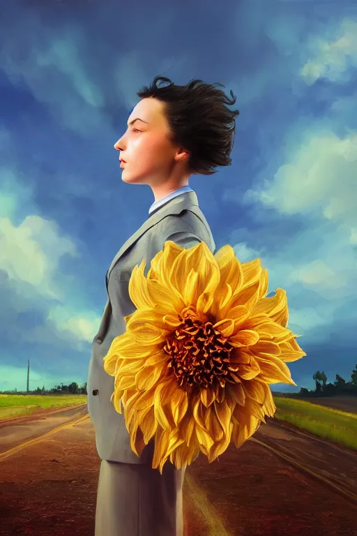 Image similar to closeup giant dahlia flower head, girl in a suit on a street, surreal photography, blue sky, sunrise, dramatic light, impressionist painting, digital painting, artstation, simon stalenhag