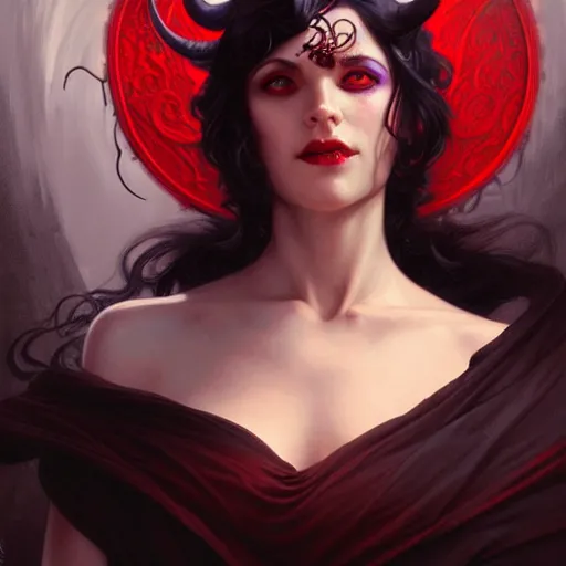 Prompt: Portrait of jovial female tiefling sorceress, D&D, red eyes, face, short black hair, fantasy, intricate, elegant, highly detailed, digital painting, artstation, concept art, smooth, sharp focus, illustration, art by artgerm and greg rutkowski and alphonse mucha