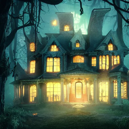 Prompt: spooky House party, Fantasy Hyper detailed digital matte painting, concept art, hyperrealism, Cinema 4D, 8k resolution, 64 megapixels, coherent, bokeh, CGSociety, ZBrush Central, behance HD, hypermaximalist, a masterpiece, 4K