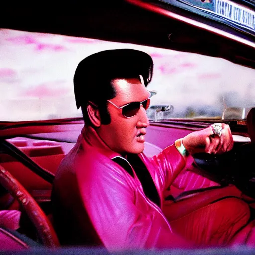 Image similar to elvis driving a vintage ford taurus pink interior shot. film still. 4 k hd image, trending on artstation, featured on behance, well rendered, extra crisp, features intricate detail, epic composition and the style of quintin tarantino.
