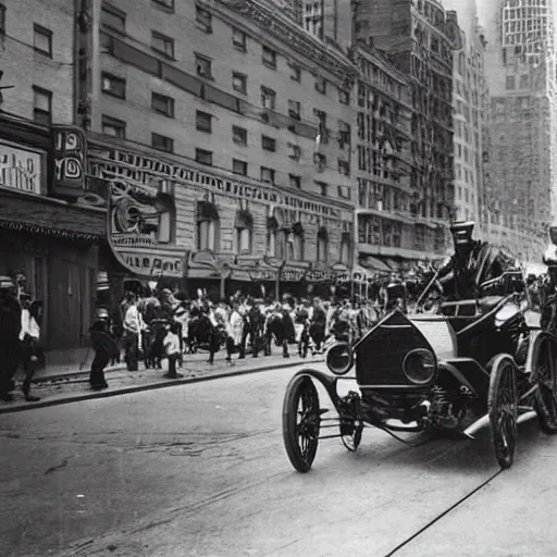 Image similar to old black and white photo, 1 9 1 3, depicting a retrofuturistic robot rampaging through the bustling streets of new york city, historical record
