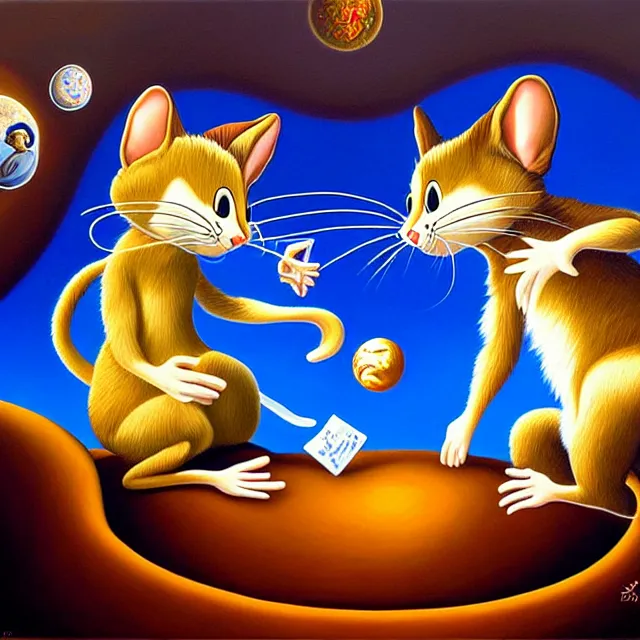 Prompt: an oil on canvas portrait painting of tom & jerry, surrealism, surrealist, cosmic horror, rob gonsalves, high detail