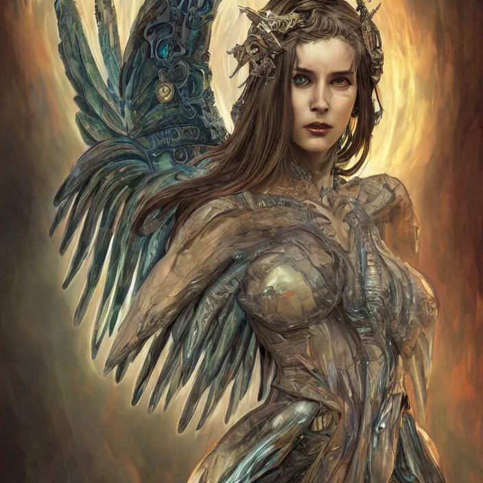 Image similar to Frightening biblically accurate angel with cyberpunk wings, digital painting, 4k, HDR, concept art, detailed wings, smooth, sharp focus, illustration, art by Artgerm, H R Giger and Alphonse Mucha