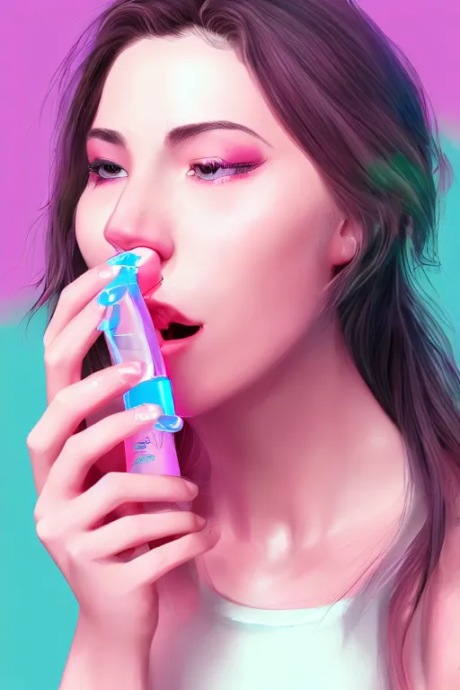 Image similar to Beautiful, Cute Woman Breathing Through a Handheld Pink Vapor Inhaler in her Mouth, side view, fantasy, magic, ultra detailed, digital art, trending on artstation, illustration