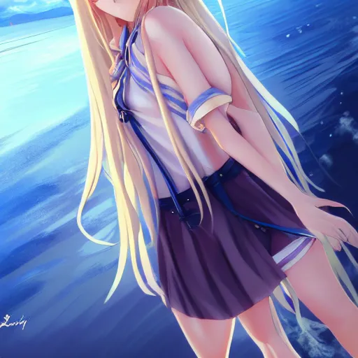 Prompt: a very beautiful anime cute girl, full body, long wavy blond hair, sky blue eyes, full round face, short smile, fancy top, miniskirt, front view, summer lake setting, cinematic lightning, medium shot, mid-shot, highly detailed, cinematic wallpaper by Stanley Artgerm Lau