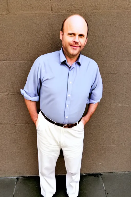 Prompt: full body color photograph of a balding, middle aged, brown haired, hairy, blue eyed, round faced, short white man who has thick legs, dressed in a white shirt, grey pants and black dress shoes, full body portrait, head to toe