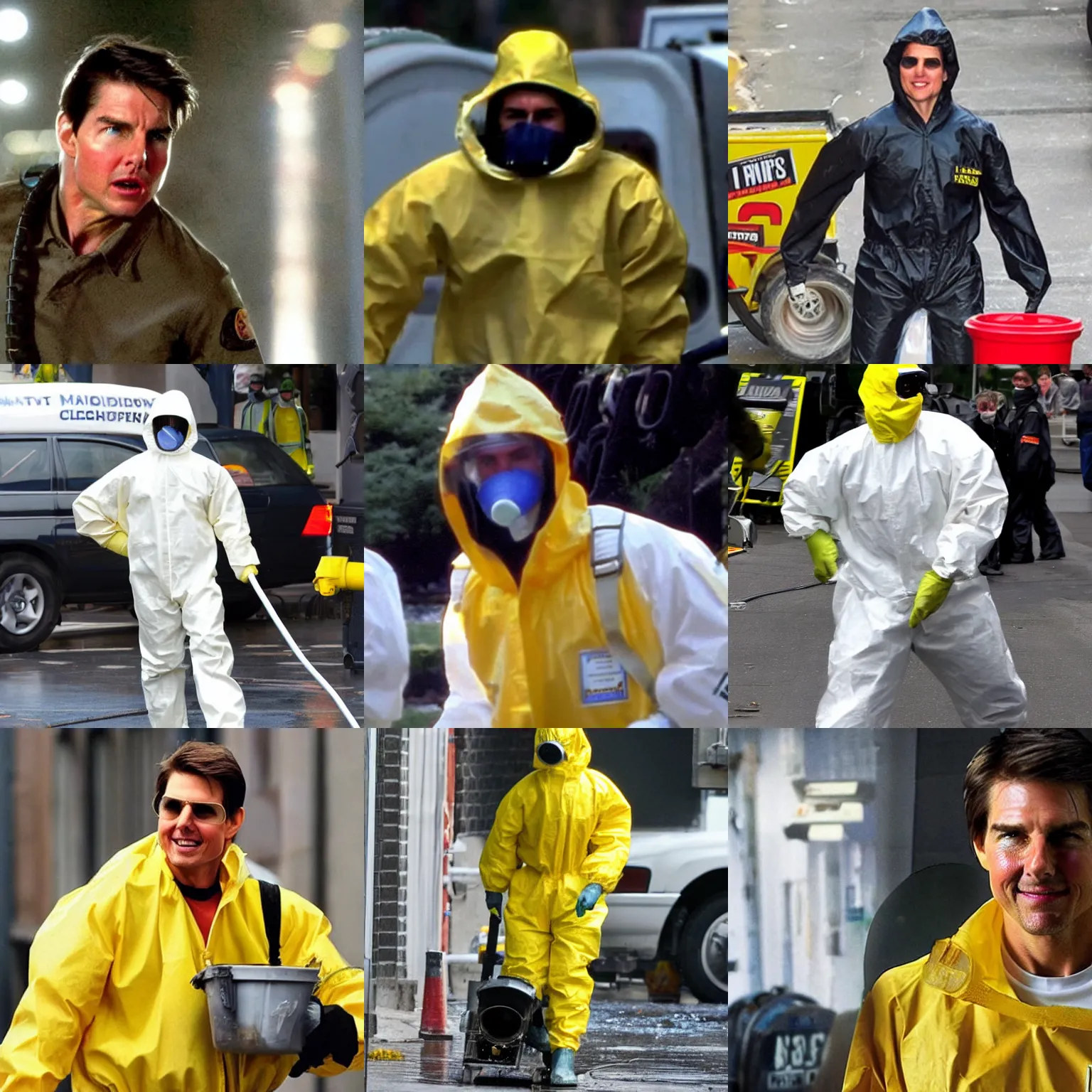 Prompt: Tom Cruise as a sewer cleaner wearing a hazmat suit