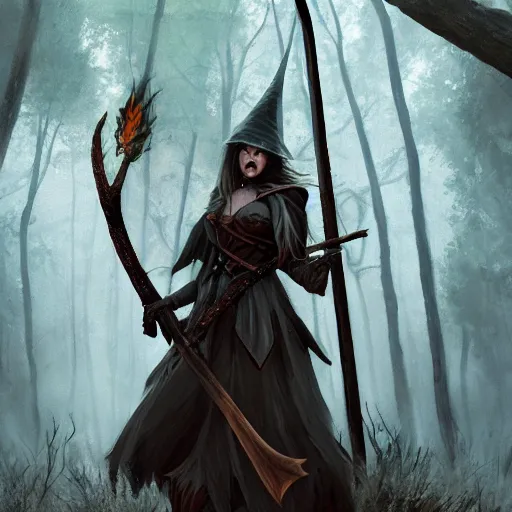 Image similar to high quality matte painting, grim fantasy witchy art, a woodland knight made of wood holding a giant club, in a dark forest, digital art, high quality render, artstation, 8 k, photograph quality, ultrahd, in the style of dungeons and dragons