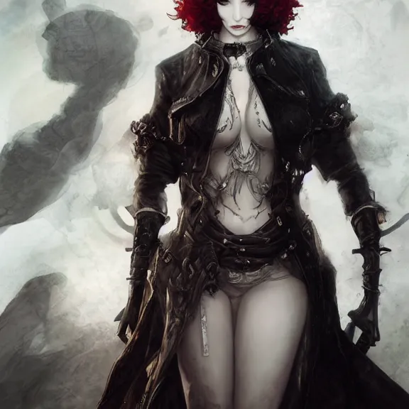 Image similar to christina hendricks!!!!! goth!!!!!, tankoban, 4 k, tone mapping, akihiko yoshida, james jean andrei riabovitchev marc simonetti, yoshitaka amano, long hair, curly, h. hydrochaeri