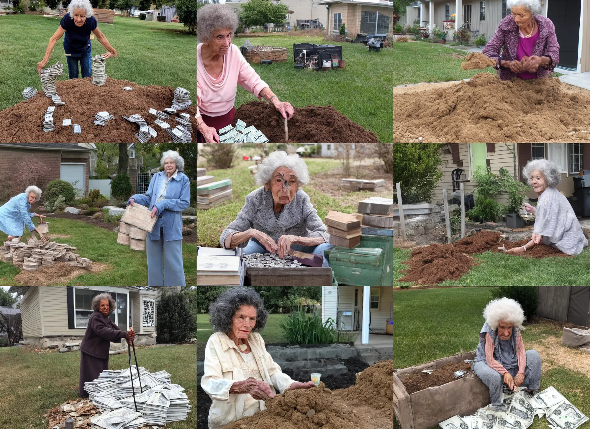 Prompt: an old caucasian lady with curly gray hair burying stacks of dollars in the back yard