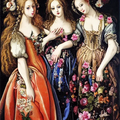 Prompt: renaissance, baroque oil painting brushstrokes, group of creepy young ladies wearing renaissance long harajuku manga dress with flowers and skulls, background chaotic flowers