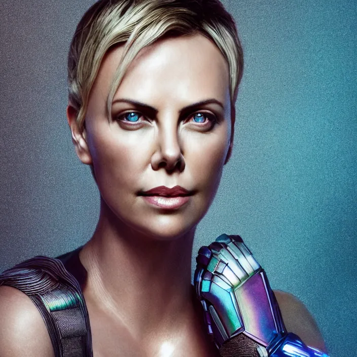 Image similar to portrait of Charlize Theron, wearing The Infinity Gauntlet. intricate artwork. octane render, trending on artstation, very coherent symmetrical artwork. avengers. thanos. cinematic, hyper realism, high detail, octane render, 8k, iridescent accents