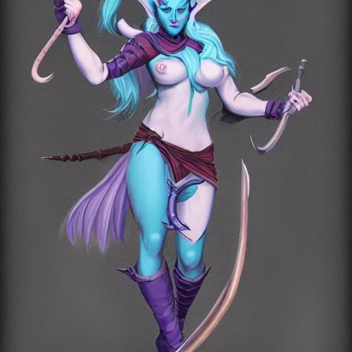 Image similar to D&D character concept art of a tiefling, tiefling rogue, blue skin color with short horns and a devil tail, casual pose of a Rogue holding daggers, full body pose, soft colors, fantasy, intricate, elegant, highly detailed, digital painting, artstation, concept art, smooth, sharp focus, illustration, wide angle shot, full body visible, art by artgerm and H R Giger and alphonse mucha