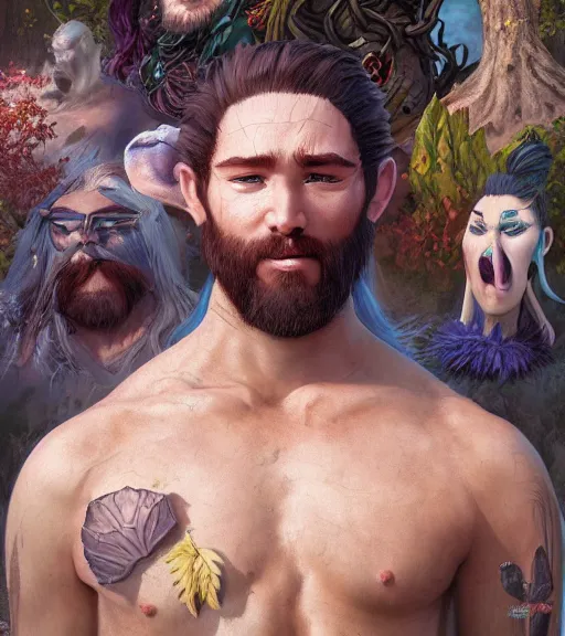 Prompt: an epic fantasy comic book style portrait painting of shirtless male druid, character design by mark ryden and pixar and hayao miyazaki, unreal 5, daz, hyperrealistic, octane render, cosplay, rpg portrait, dynamic lighting, intricate detail, harvest fall vibrancy, cinematic