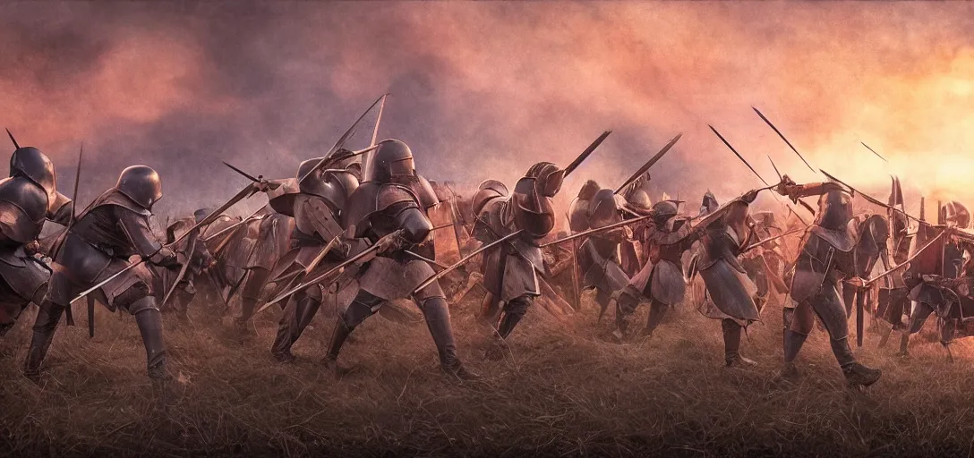Prompt: film-still shot of a medieval battle, where in front two knights are fighting each other, all knights are fighting with spaghettis instead of swords, atmospheric, highly detailed, sunrise, washed out colours, 8k, concept art, matte painting.
