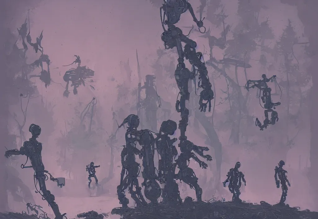 Image similar to handmade illustration of Robots, line art, ink, some small silhouetted medieval men among the trees, watercolor by Kilian Eng and by Jake Parker, winning-award masterpiece, fantastic, octane render, 8K HD Resolution, High quality image