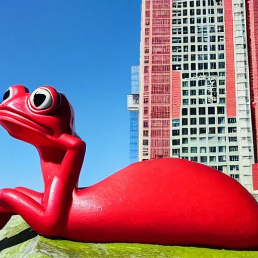 Image similar to a giant red frog as big as a building