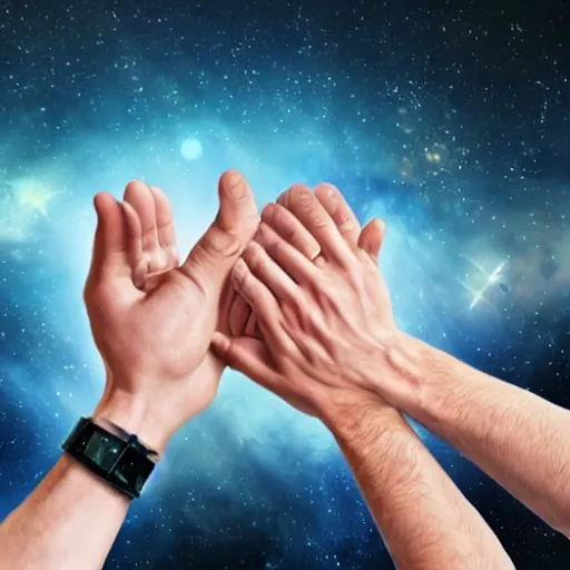 Prompt: two male hands trying to squeeze a galaxy, high details of two hands, sci fi