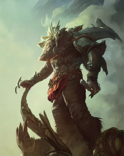 Image similar to '' Portrait of handsome rugged Weredragon character, league of legends, LOL, fantasy, d&d, digital painting, artstation, concept art, sharp focus, illustration, art by greg rutkowski and alphonse mucha ''