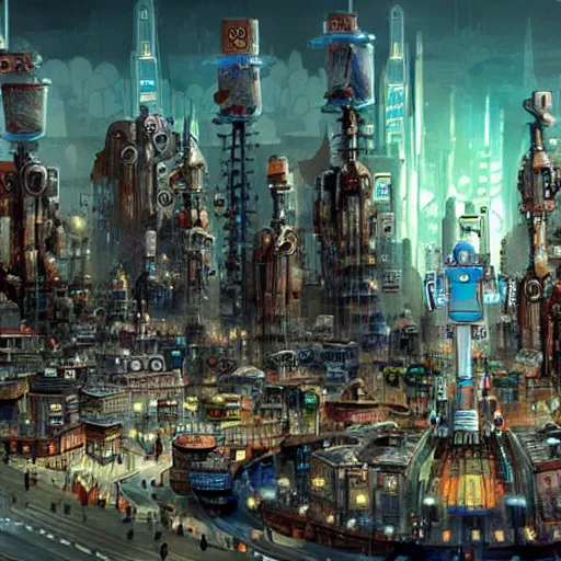 Image similar to The robot city, a fantasyland full of robots in a surrealistic city in digital wasteland in the future