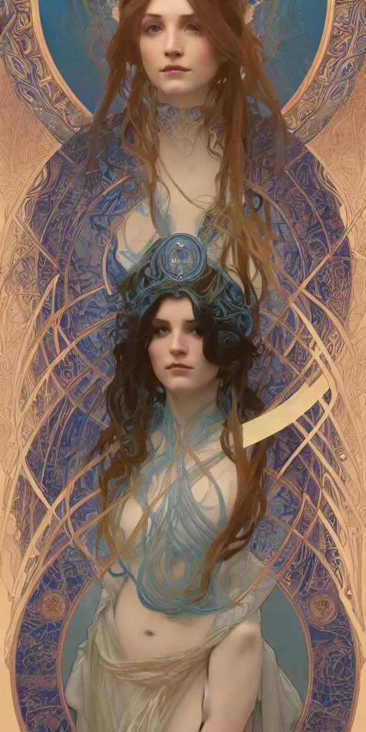 Image similar to Beautiful female wizard with blue robes wearing an intricate arcane makeup, digital art, art by Alphonse Mucha, Greg Rutkowski, Alex Ross, WLOP, Artstation, 8K