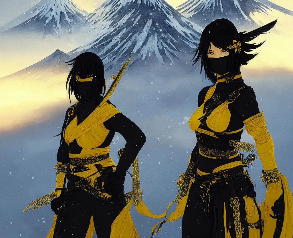 Prompt: portrait ninja gaiden girl, black plus yellow ninja wardrobe, at snowy fuji mountain sunrise, ssci - fi and fantasy, intricate and very very beautiful, detailed, digital painting, artstation, concept art, smooth and sharp focus, illustration, art by tian zi and wlop and alphonse mucha