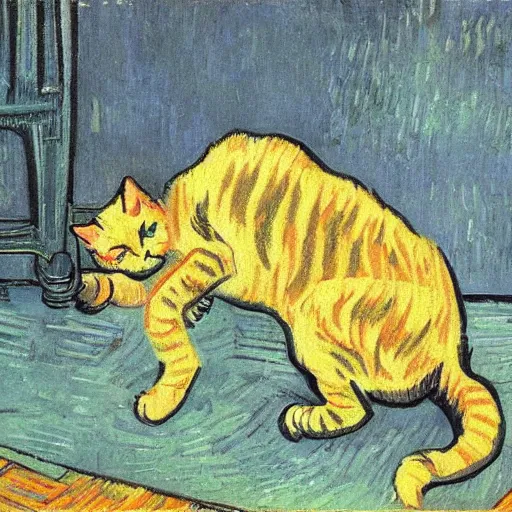 Image similar to cat by van gogh, denoised, fighting Cthulhu, sci fi, cyberpunk 8k