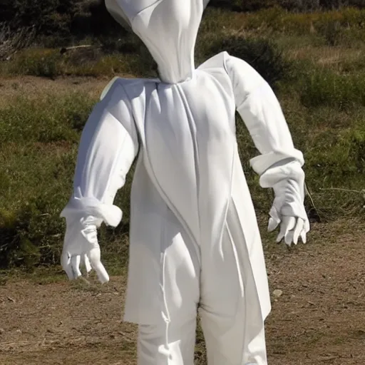 Image similar to an alien wearing a white frock suit