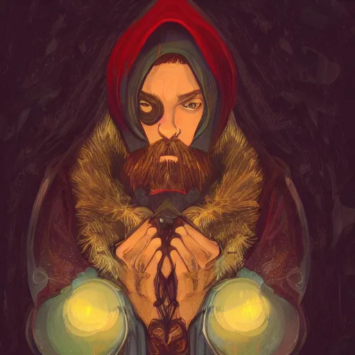 Image similar to portrait of a mysterious wizard with a Hood, bright eyes, fantasy, mucha style, bokeh, magic lights, cinematic