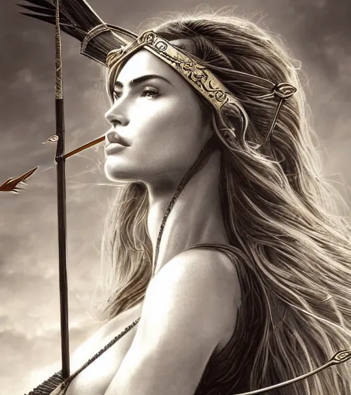 Image similar to portrait of megan fox as beautiful aphrodite goddess as an archer, arrow crown, beautiful piercing eyes, flowing blonde hair, realistic face, black and white drawing, in the style of greg rutkowski, fantasy, amazing detail, epic, intricate, elegant, smooth, sharp focus