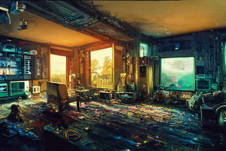 Image similar to cyberpunk, an estate agent listing photo of a 5 bedroom detached house in the countryside, by Paul Lehr, highly detailed, photorealistic, 8k, anamorphic, cinestill cinematrography