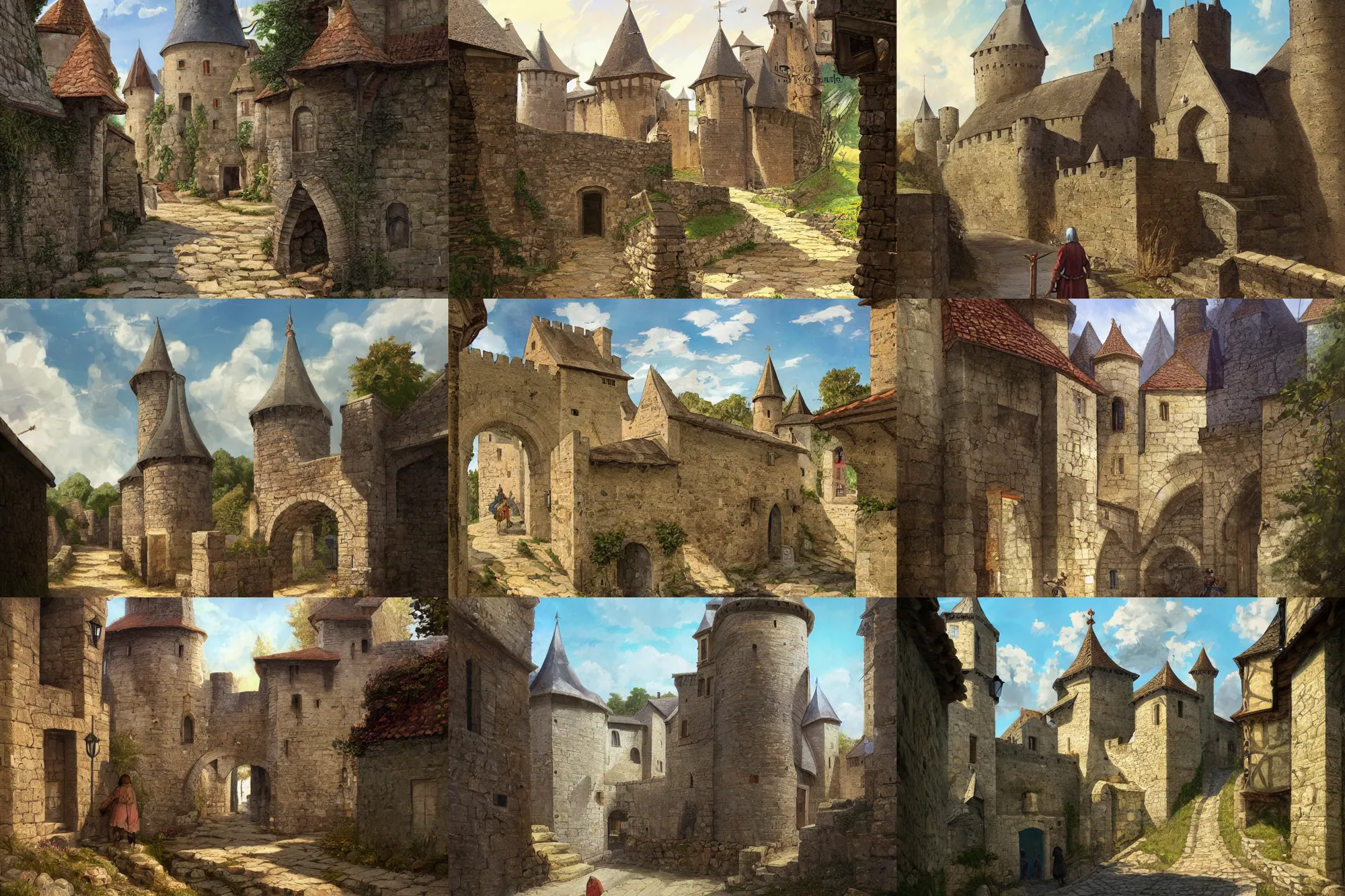 Prompt: medieval road with a water well, near city of carcassonne, there are is small roof above the well by stanley artgerm lau, wlop, rossdraws, frank frazetta, andrei riabovitchev, marc simonetti, tranding on artstation