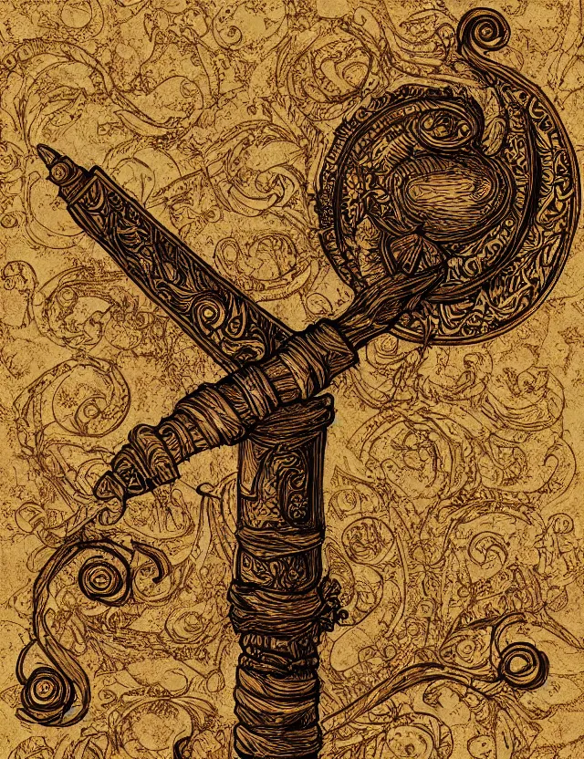 Prompt: an ornate wooden staff, fantasy illustration, medieval era, blank background, studio lighting, hand - drawn digital art