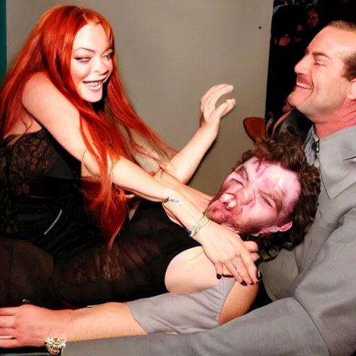 Prompt: a man tickling Lindsay Lohan while She Is tied to a chair