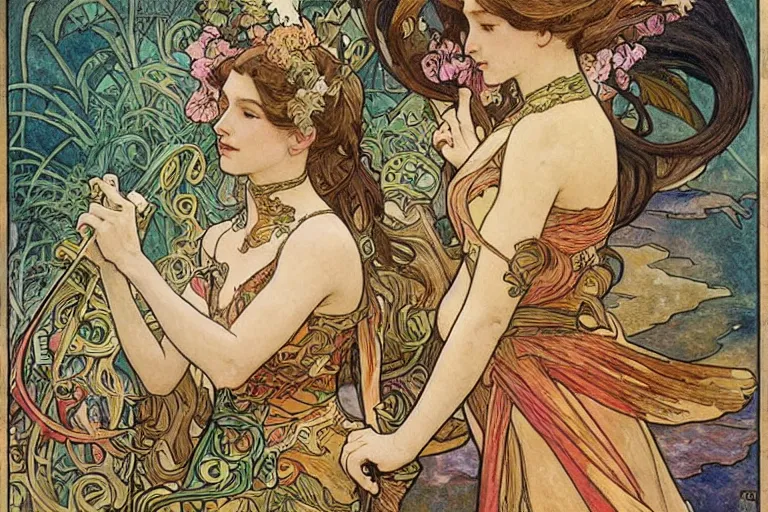 Prompt: a painting of an orchestra, outdoor, art by Walter Crane and Alphonse Mucha, epic fantasty card game art, Beautiful, cinematic