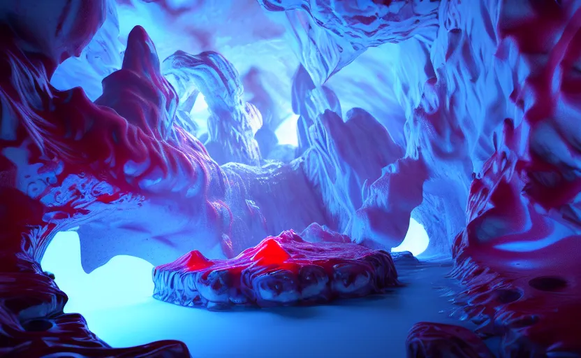 Image similar to liquid nitrogen with red water-cooling coolant flowing through latent representations of ice caverns by centrifugal forces, gaming pc circuitry sticking out the walls!!!!, high detail, high contrast!, low-poly elements!!!, trending on artstation, octane render, subsurface scattering, ray-tracing, 4k