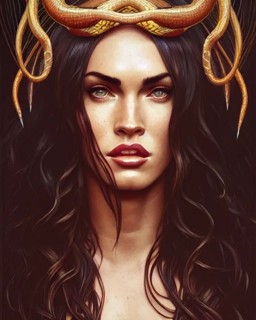 Image similar to portrait of megan fox as medusa, snake hair, serpent hair, greek mythology, intricate, headshot, highly detailed, digital painting, artstation, concept art, sharp focus, cinematic lighting, illustration, art by artgerm and greg rutkowski, alphonse mucha, cgsociety